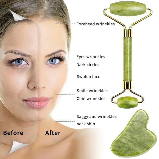 Jade Roller & Gua Sha Massage Set - Natural Stone Facial Tool Kit