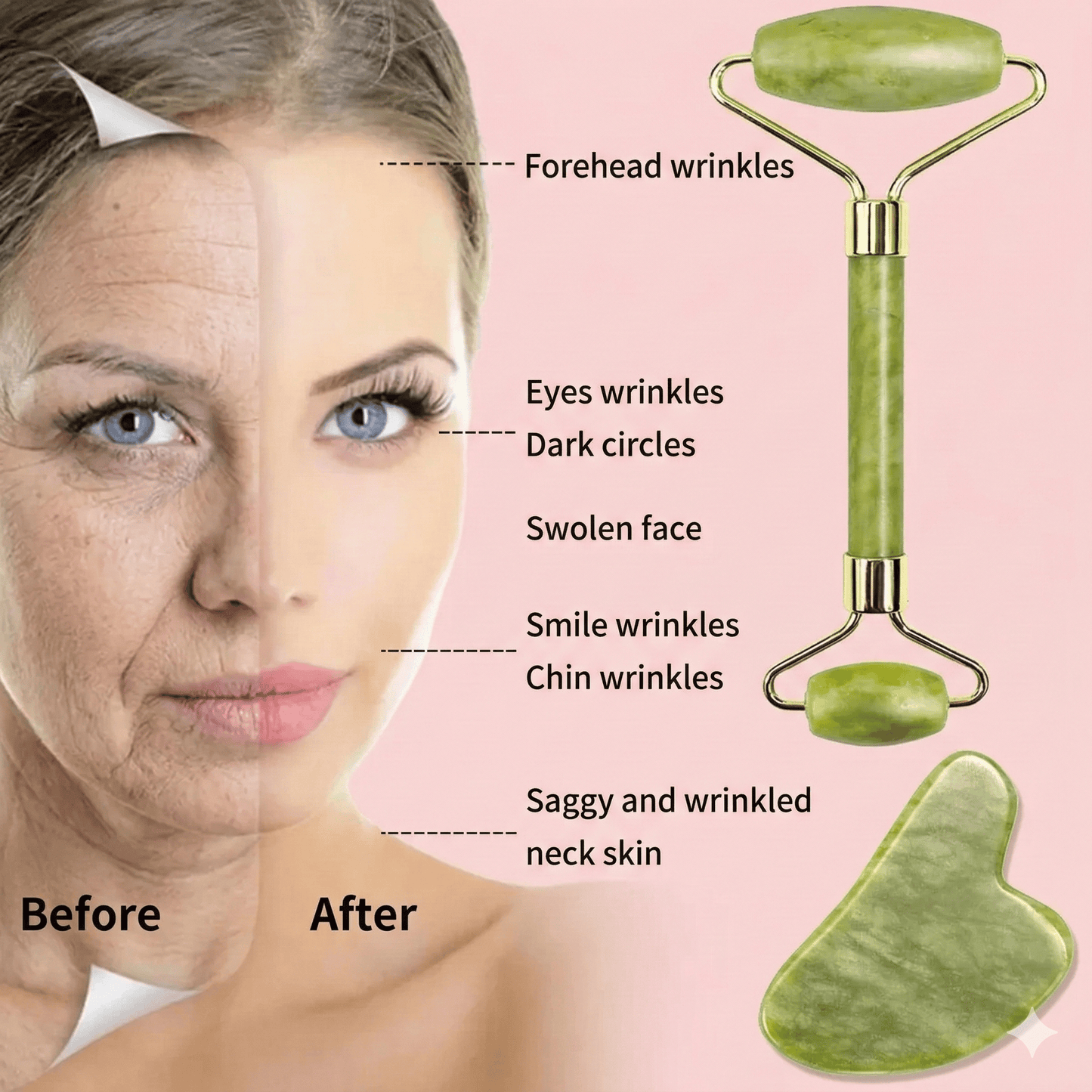Jade Roller & Gua Sha Massage Set - Natural Stone Facial Tool Kit