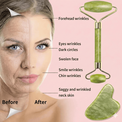 Jade Roller & Gua Sha Massage Set - Natural Stone Facial Tool Kit
